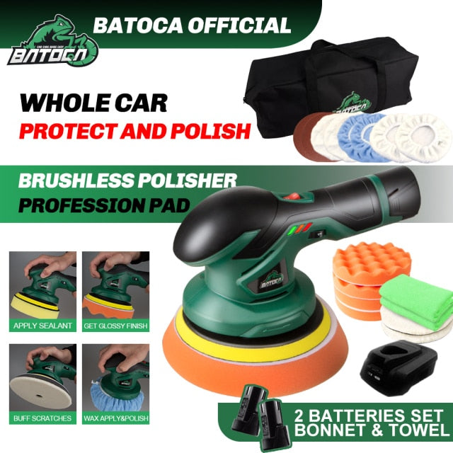 BATOCA Cordless Car Polisher 12V Wireless DA Car Polishing Machine Brushless Dual Action Buffer Free 2pcs 2.0Ah Lithium Battery