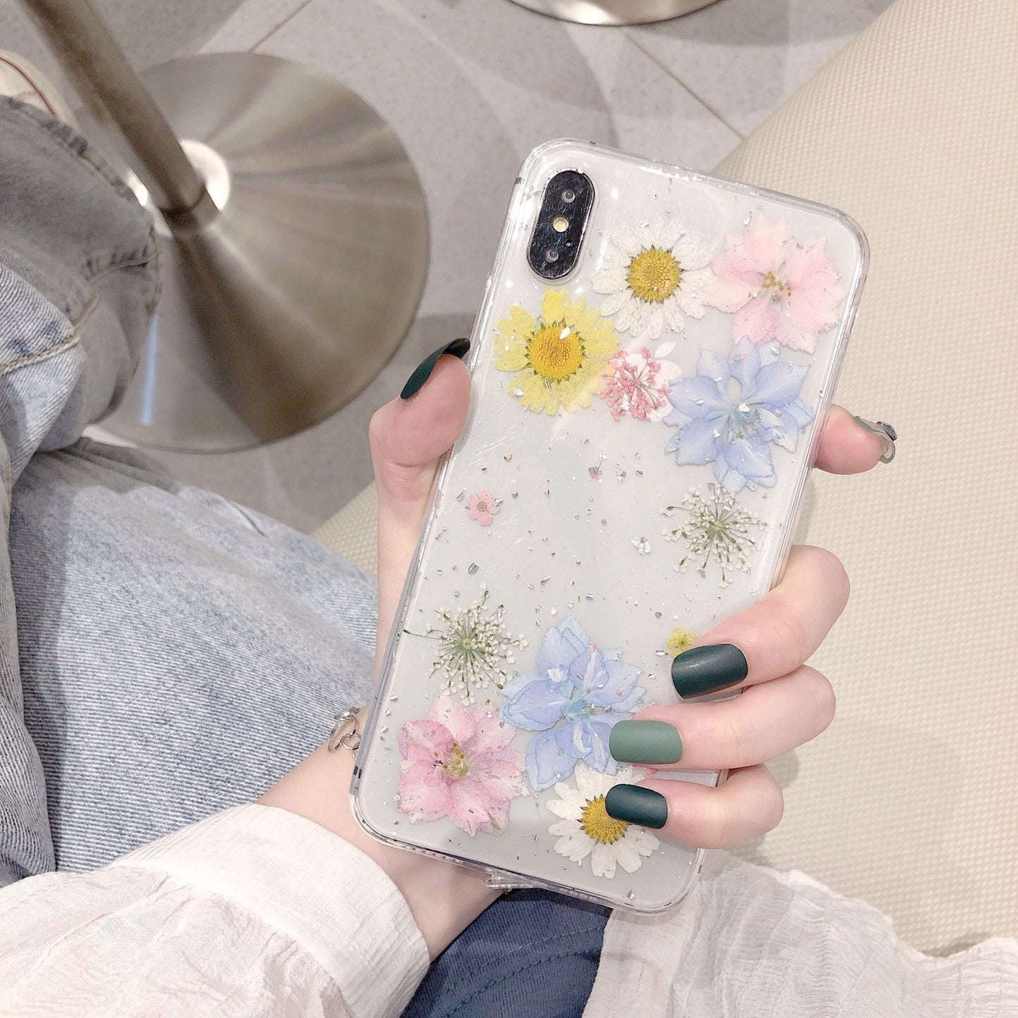 Fashion Glitter Real Dry Pressed Flower Phone Case Transparent Silicone Cover