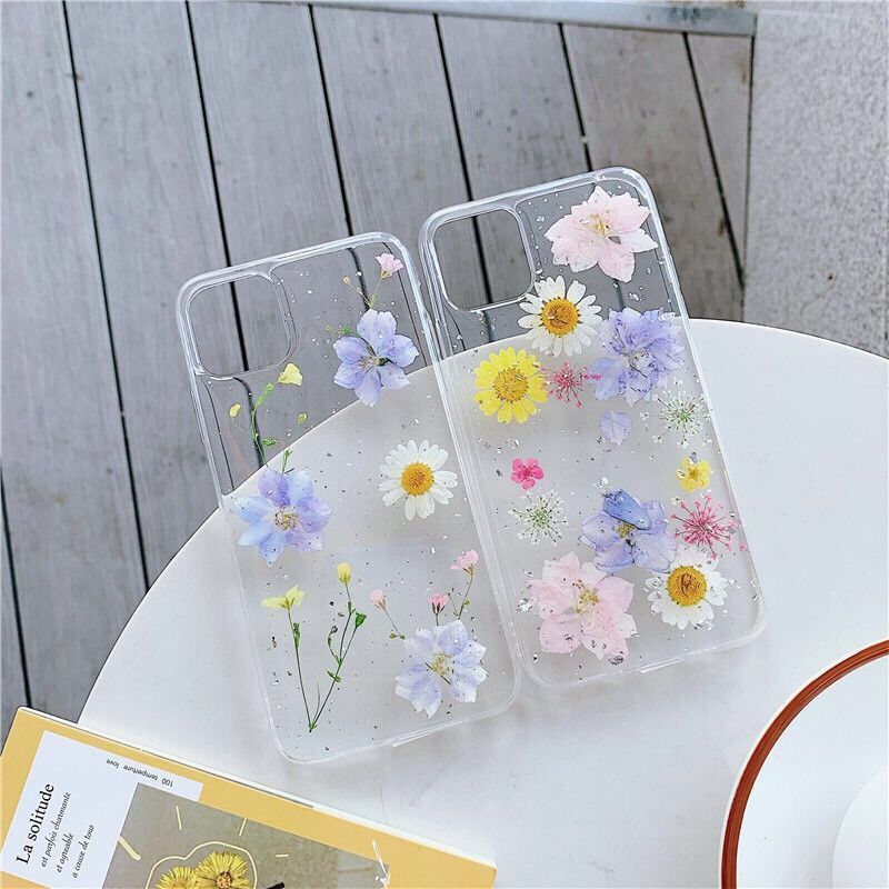 Fashion Glitter Real Dry Pressed Flower Phone Case Transparent Silicone Cover