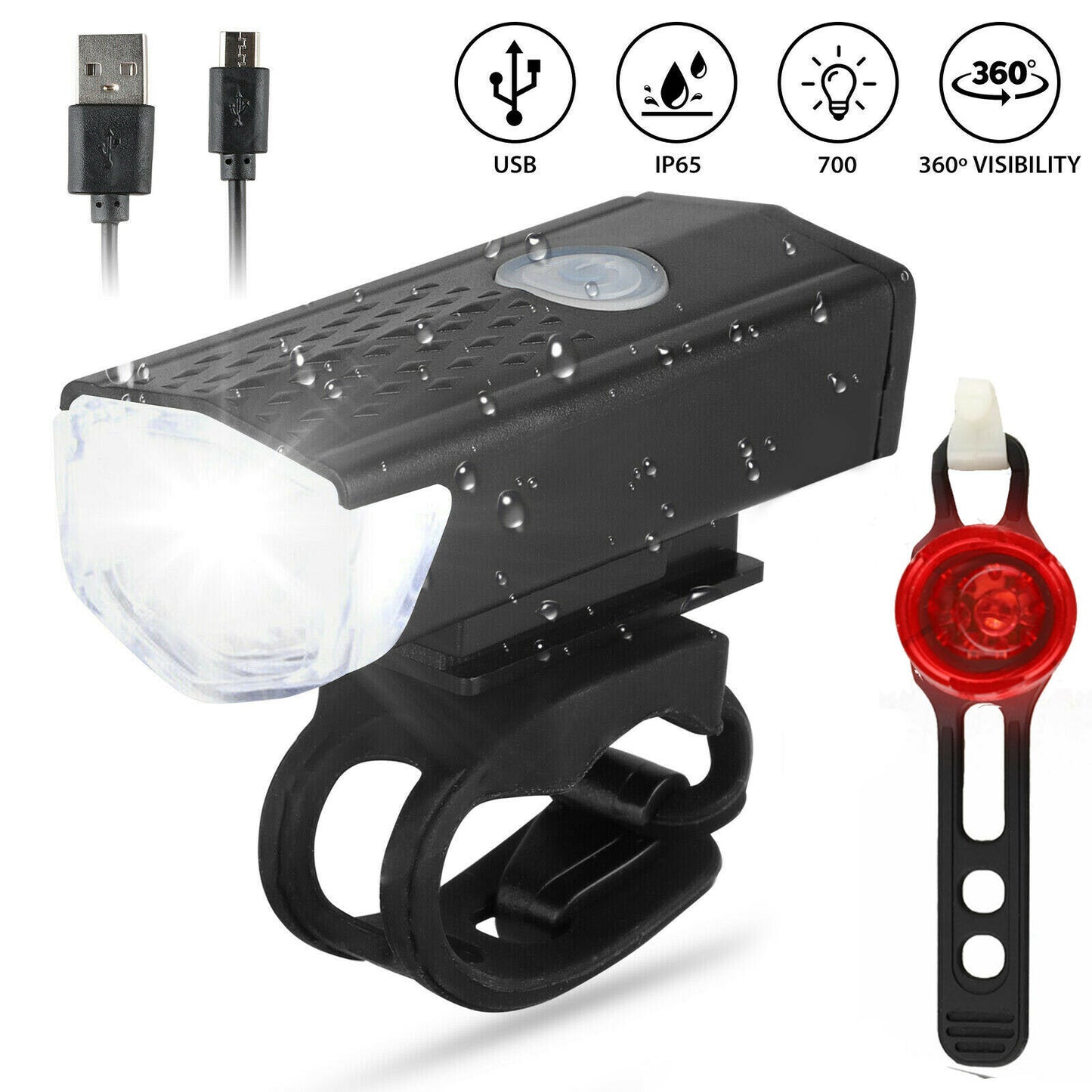 USB Rechargeable LED Bicycle Headlight Bike Head Light Front Rear Lamp Cycling