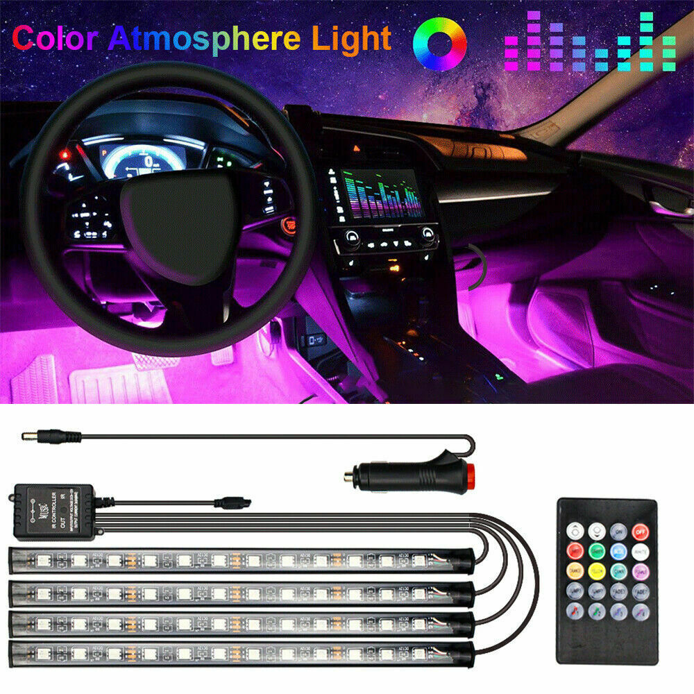 4Pcs 12LED RGB Car Interior Atmosphere Light Strip IR Music Lamp With Remote