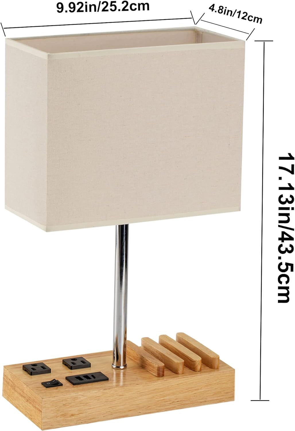 Desk Lamp with 3 USB Charging Ports, Table Lamp with 2AC Outlets and 3 Phone Stands, Nightstand Bedside Lamp with Natural Wooden Base and Cream Linen Shade