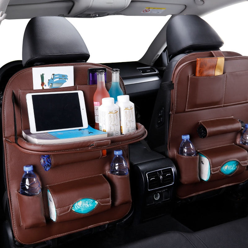 Car Seat Back Organizer Pu Leather Pad Bag Car Storage Organizer Foldable Table Tray Travel Storage Bag Auto Accessories