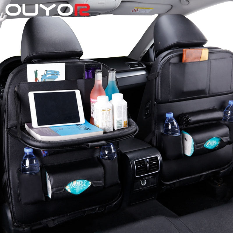 Car Seat Back Organizer Pu Leather Pad Bag Car Storage Organizer Foldable Table Tray Travel Storage Bag Auto Accessories