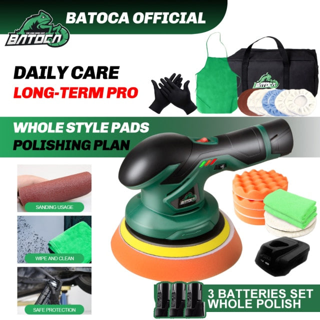 BATOCA Cordless Car Polisher 12V Wireless DA Car Polishing Machine Brushless Dual Action Buffer Free 2pcs 2.0Ah Lithium Battery