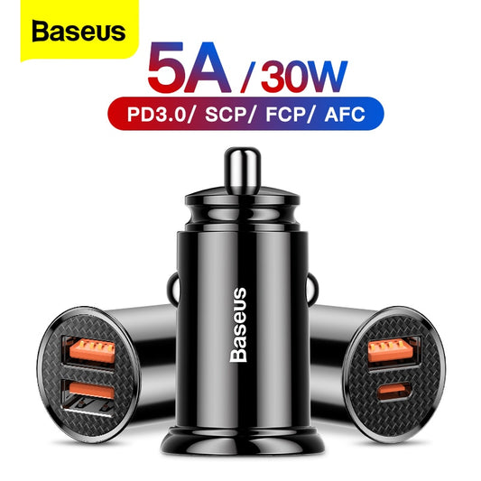 Baseus Dual USB Car Charger 5A Fast Charing 2 Port 12-24V Cigarette Socket Lighter Car USBC Charger for iPhone 12 Power Adapter